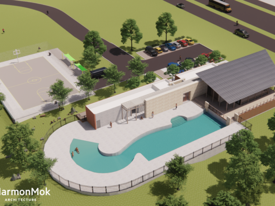 Digitally rendered design for VIDA San Antonio Pool and Clubhouse by MarmonMok Architecture.