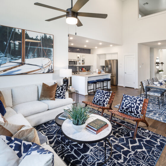 A modern living room with blue accents