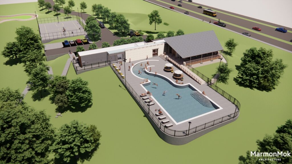 View of the Pool & Clubhouse at VIDA San Antonio, featuring a walk-in edge pool with lap lanes and splash areas.