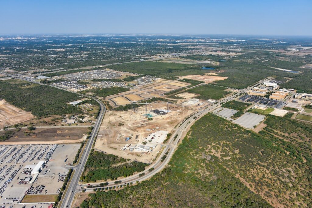 Aerial view of the University Health campus at VIDA, Palo Alto Hospital in the foreground. 