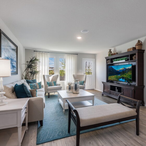 View of a Lennar Living Room with LED lighting, modern decor, a bright window, a blue rug.