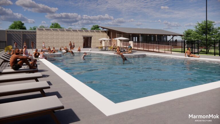 The Southside San Antonio community pool features an outdoor area where people relax on lounge chairs and in the water. A modern clubhouse and shaded seating area are in the background under a partly cloudy sky.