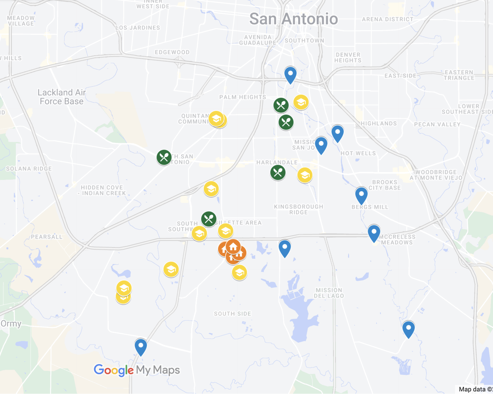 A map pinpointing various cultural, food, nature, and school locations around South San Antonio