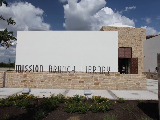 A geometric entrance of the Mission Branch Library