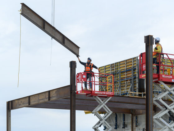 Construction progresses with the erection of the first steel members on the site of the new Palo Alto Hospital campus on San Antonio’s South Side near the campus of Texas A&M San Antonio.