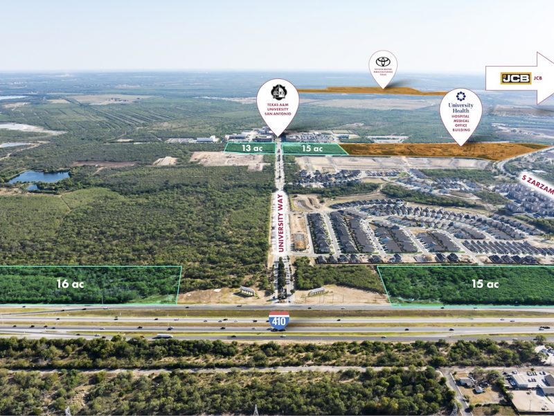 An aerial view showing the highlighted areas of Southside San Antonio that are available for commercial development