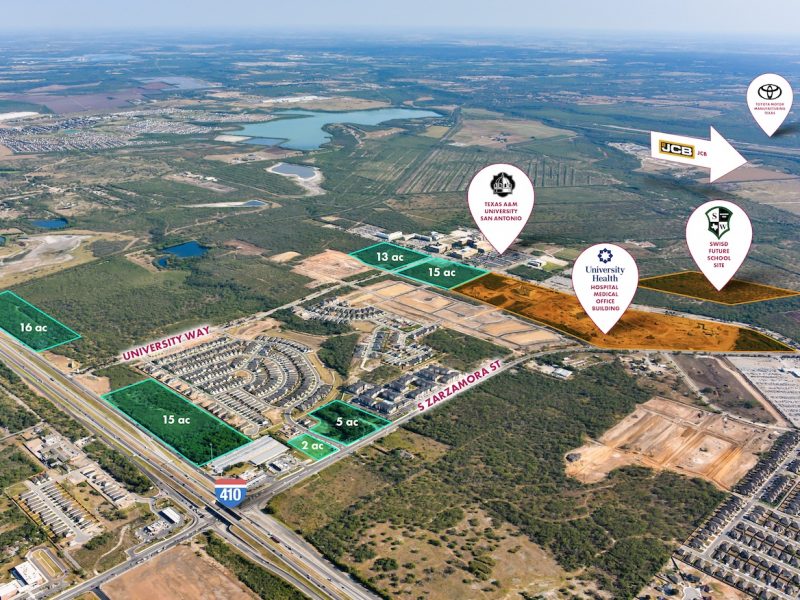 An aerial view showing the highlighted areas of Southside San Antonio that are available for commercial development