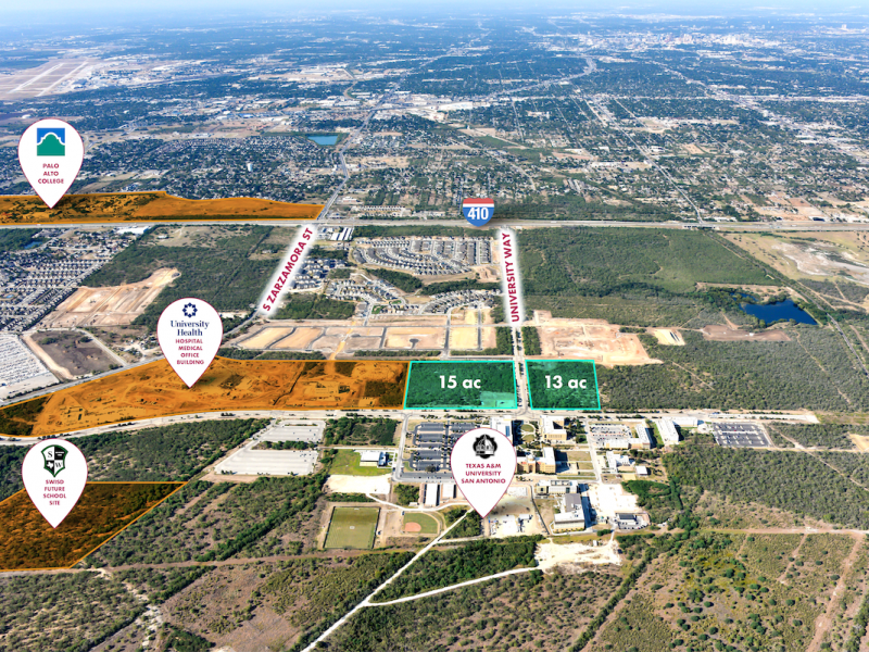 An aerial view showing the highlighted areas of Southside San Antonio that are available for commercial development