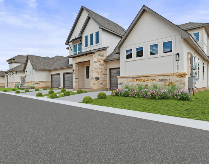 A street-side view of the modern, new-construction Sitterle townhomes at VIDA San Antonio.