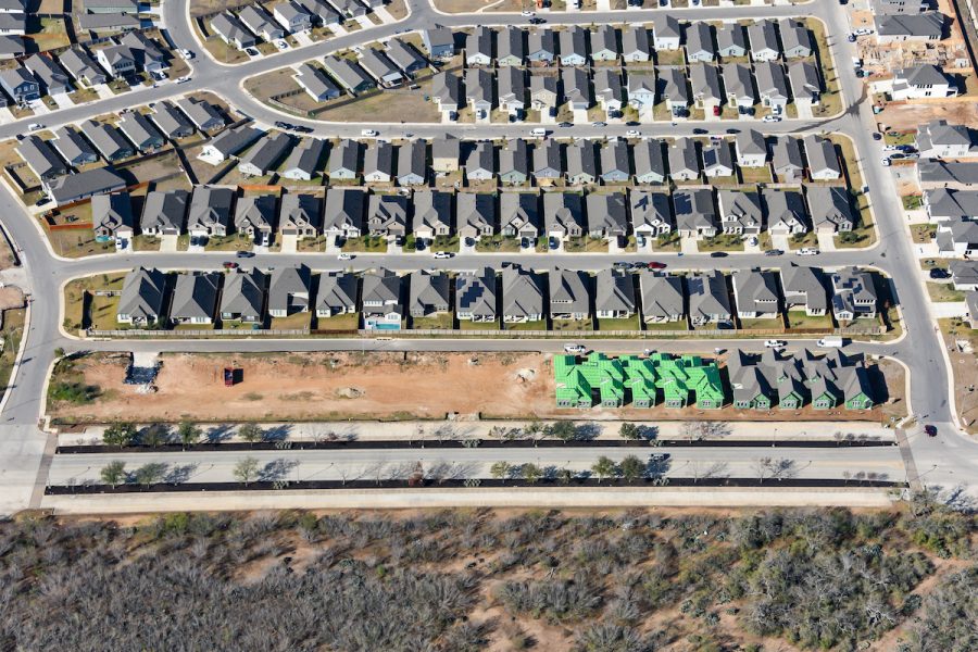 An in-progress shot of the Sitterle townhomes being built out on the Southside near new homes in the community.