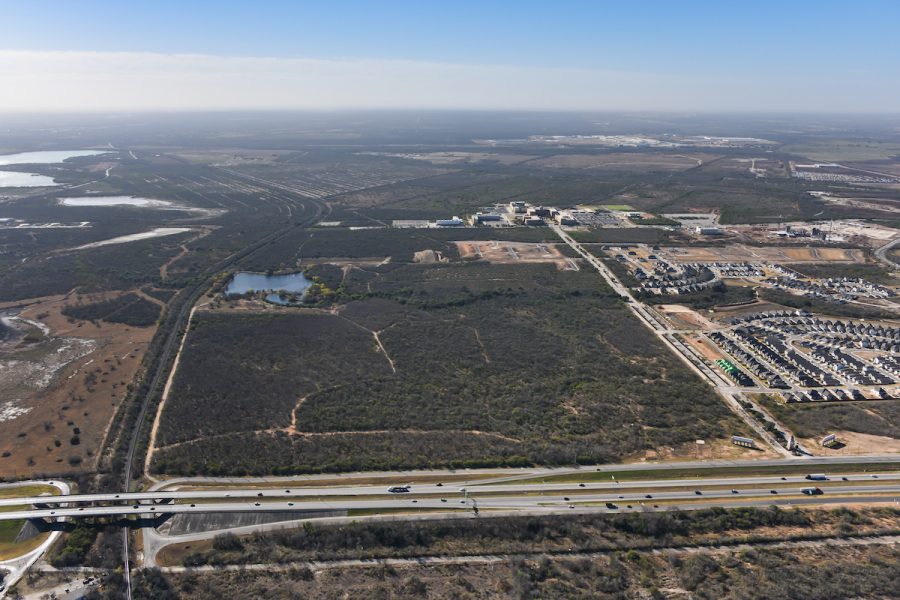 A wide area view of VIDA San Antonio from an aerial perspective.